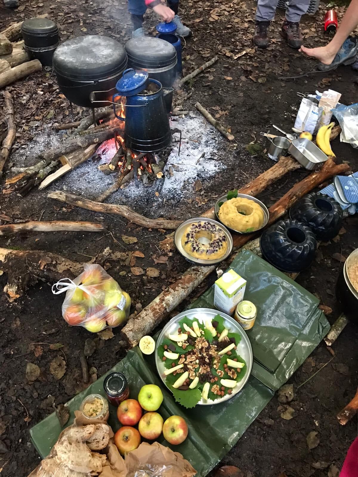Gedeckte Plane mit Salat, Kuchen und Obst neben der Feuerstelle
